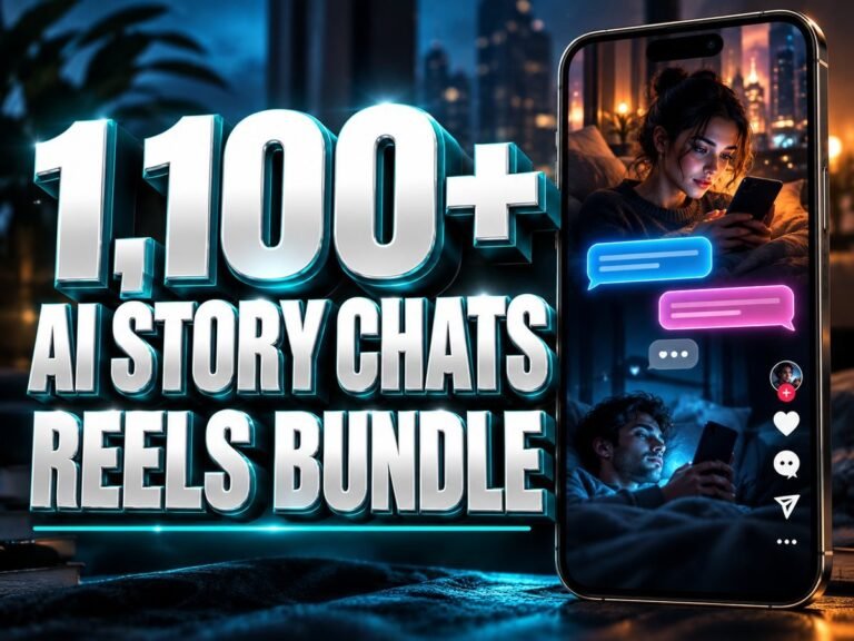 1,100+ AI Story Chats Reels Bundle with metallic 3D title and a mobile video preview