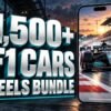 1,500+ F1 Cars Reels Bundle with metallic 3D title and a mobile video preview