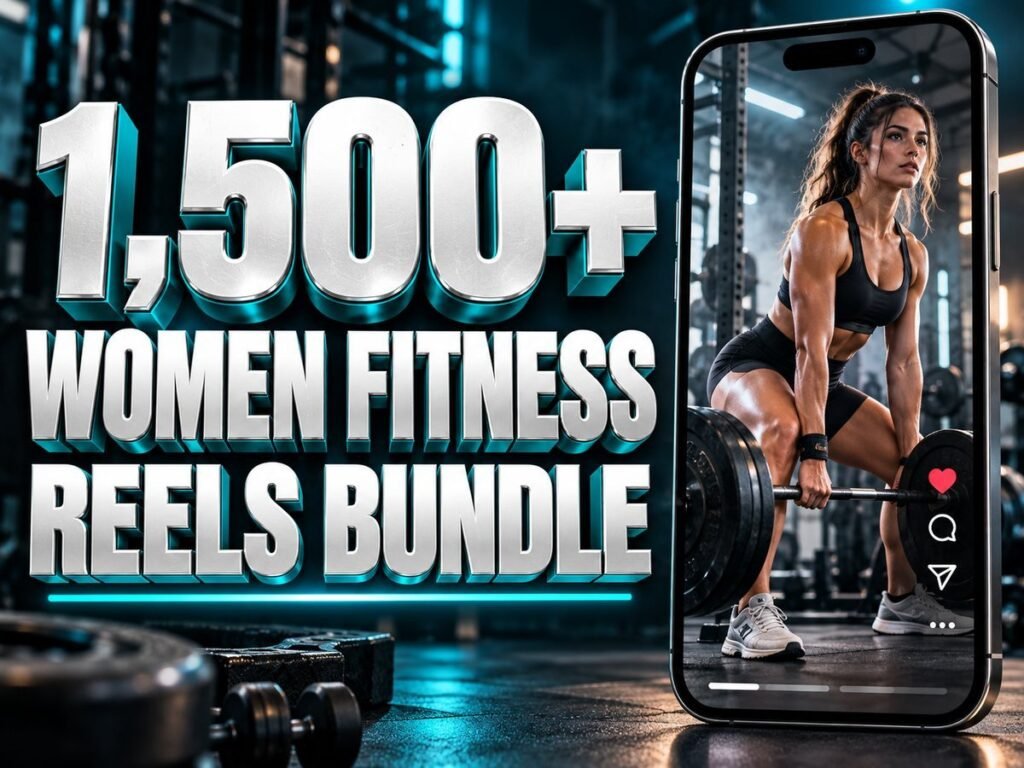 1,500+ Women Fitness Reels Bundle with metallic 3D title and a mobile video preview