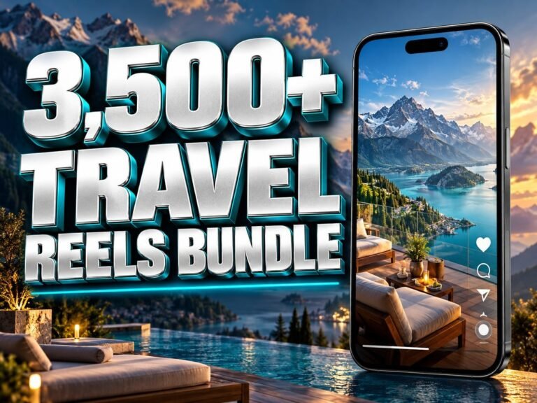 3,500+ Travel & Tourism Reels Bundle with metallic 3D title and a mobile video preview